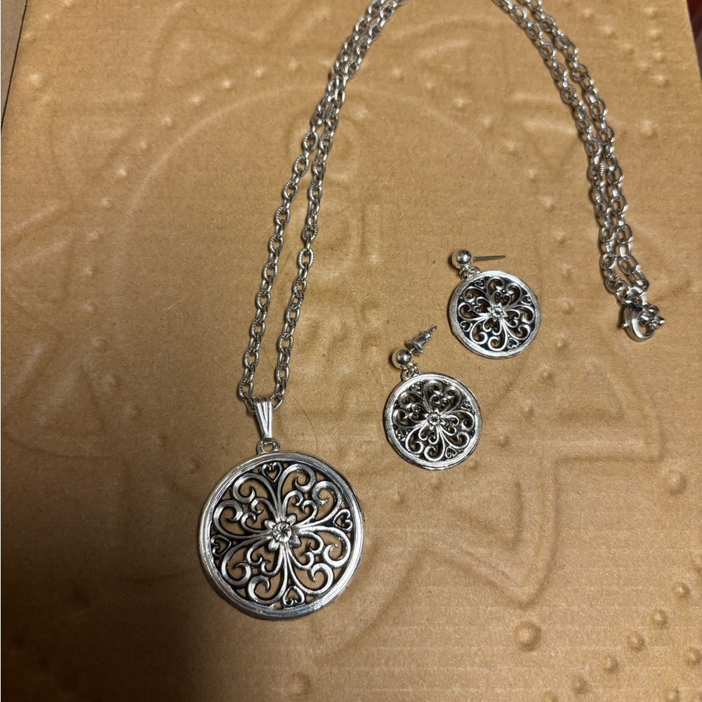 Intricate Silver Pendant Necklace and Earring Set, Like New